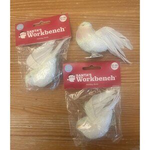 Vintage Glittery White Holiday Birds Real Feathers Sparkle Crafts Home Decor